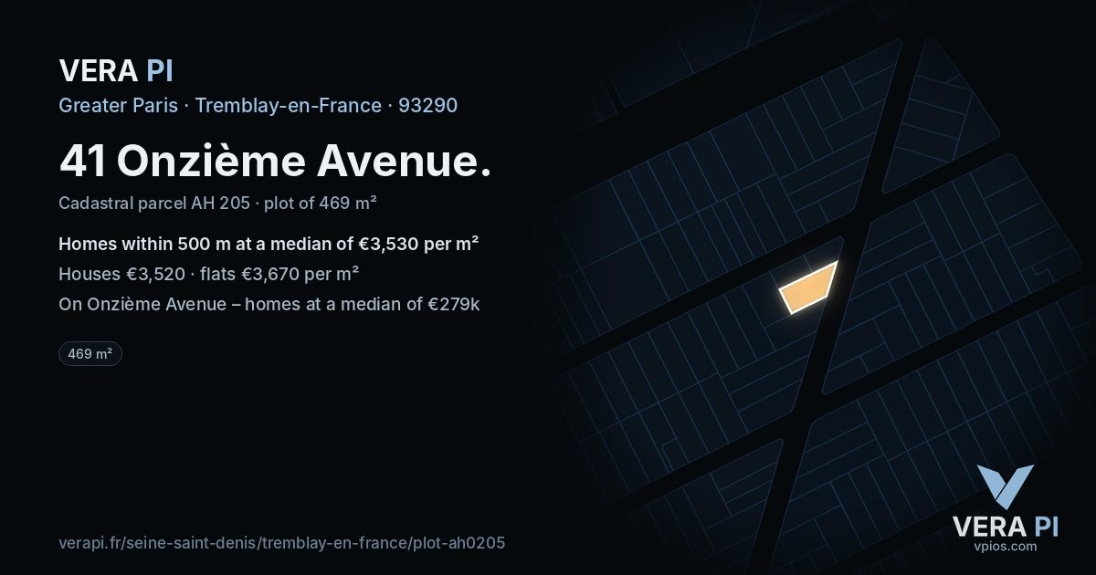 41 Onzième Avenue, Tremblay-en-France at night – the plot lit, the parcels around coloured by the prices near them