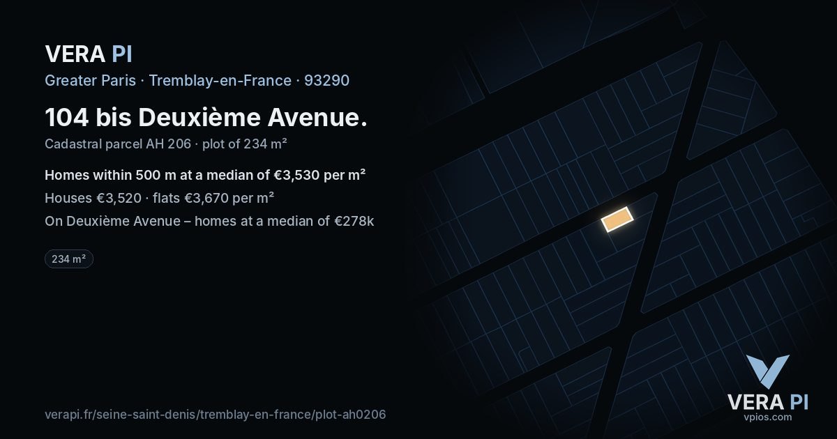 104 bis Deuxième Avenue, Tremblay-en-France at night – the plot lit, the parcels around coloured by the prices near them