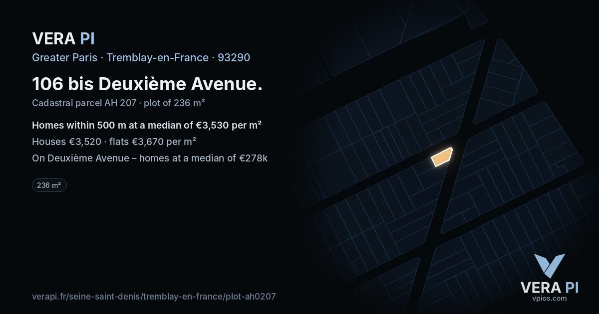 106 bis Deuxième Avenue, Tremblay-en-France at night – the plot lit, the parcels around coloured by the prices near them