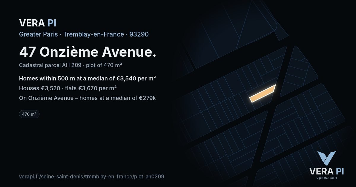 47 Onzième Avenue, Tremblay-en-France at night – the plot lit, the parcels around coloured by the prices near them