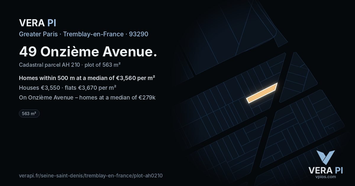 49 Onzième Avenue, Tremblay-en-France at night – the plot lit, the parcels around coloured by the prices near them
