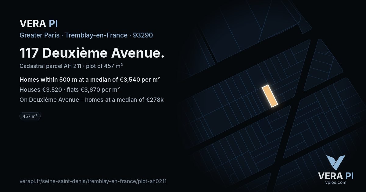 117 Deuxième Avenue, Tremblay-en-France at night – the plot lit, the parcels around coloured by the prices near them