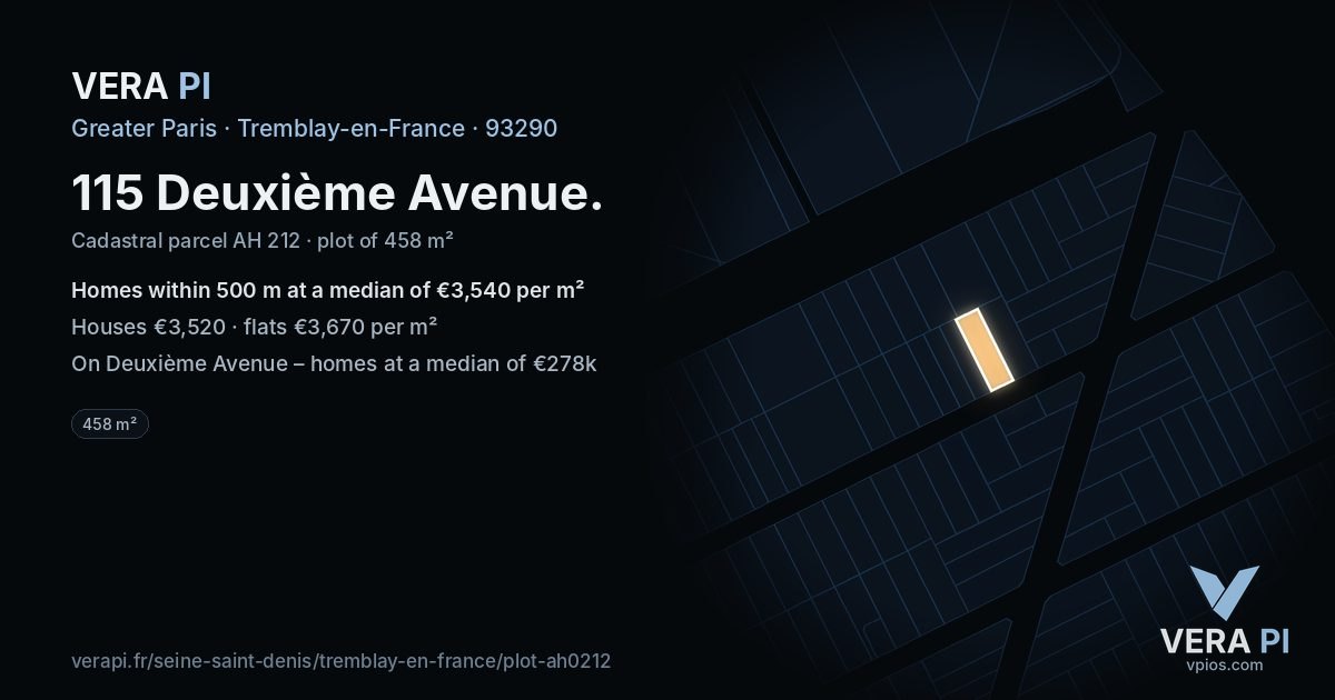 115 Deuxième Avenue, Tremblay-en-France at night – the plot lit, the parcels around coloured by the prices near them