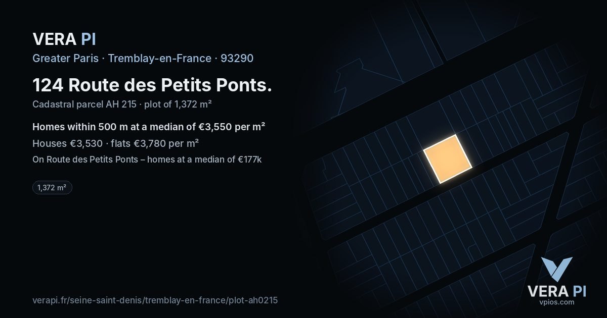 124 Route des Petits Ponts, Tremblay-en-France at night – the plot lit, the parcels around coloured by the prices near them