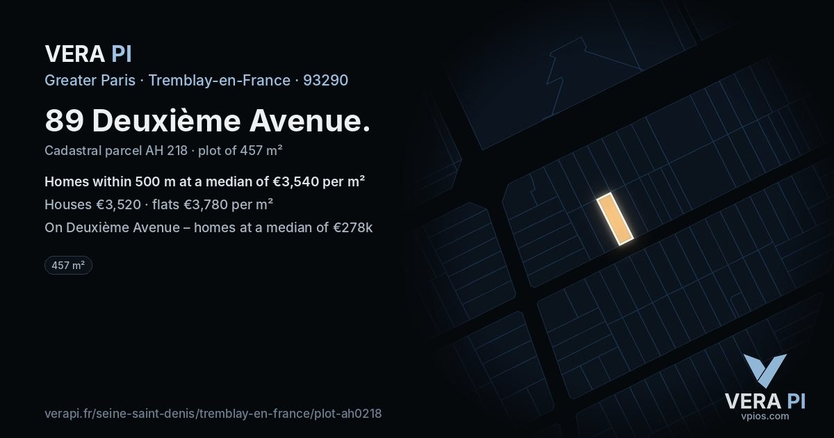 89 Deuxième Avenue, Tremblay-en-France at night – the plot lit, the parcels around coloured by the prices near them