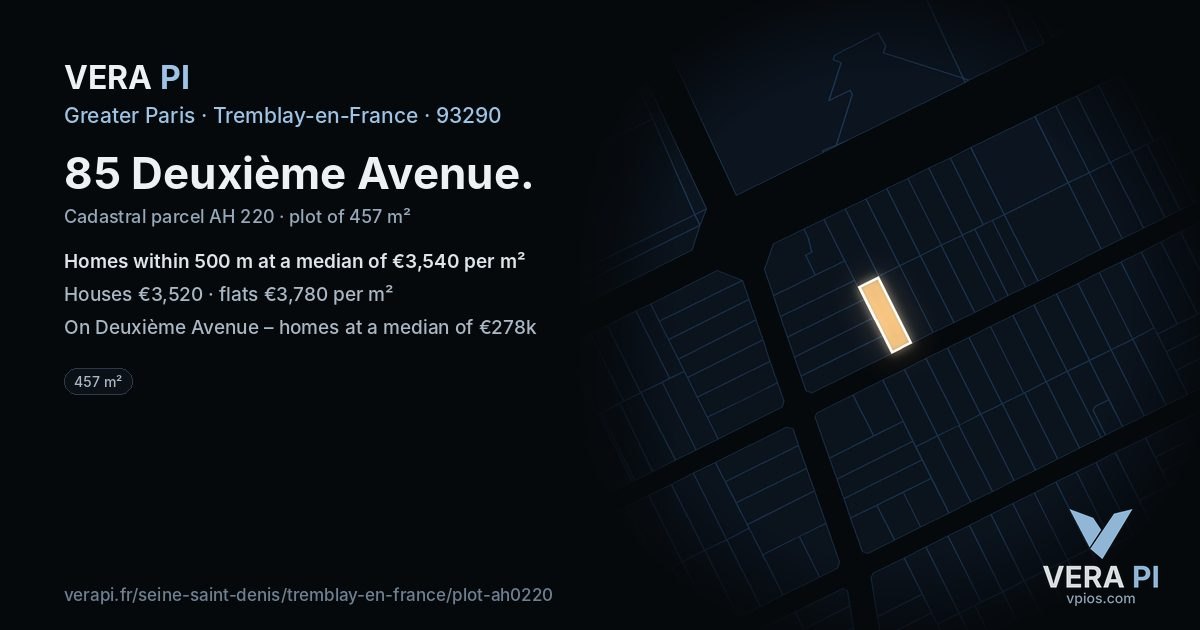 85 Deuxième Avenue, Tremblay-en-France at night – the plot lit, the parcels around coloured by the prices near them