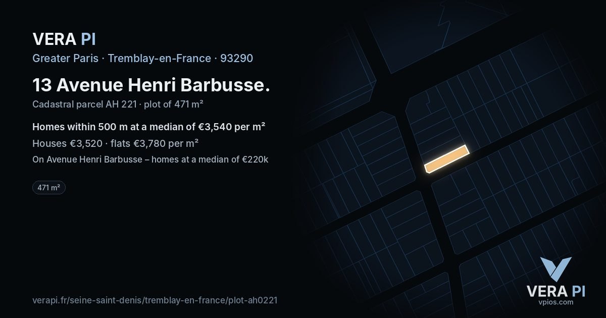 13 Avenue Henri Barbusse, Tremblay-en-France at night – the plot lit, the parcels around coloured by the prices near them