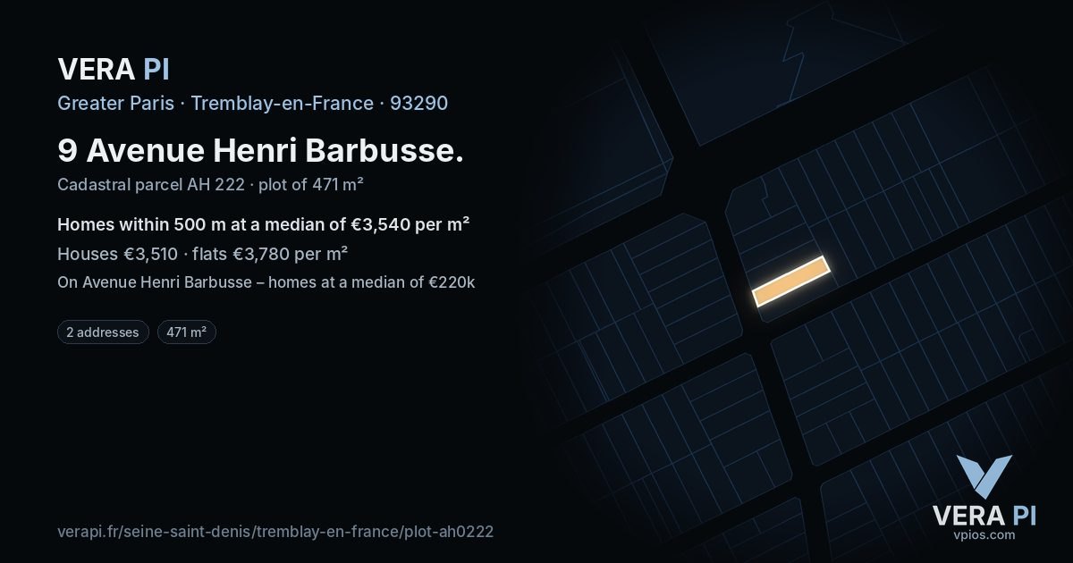 9 Avenue Henri Barbusse, Tremblay-en-France at night – the plot lit, the parcels around coloured by the prices near them