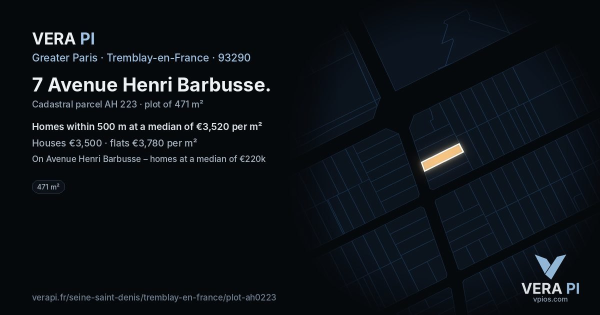 7 Avenue Henri Barbusse, Tremblay-en-France at night – the plot lit, the parcels around coloured by the prices near them