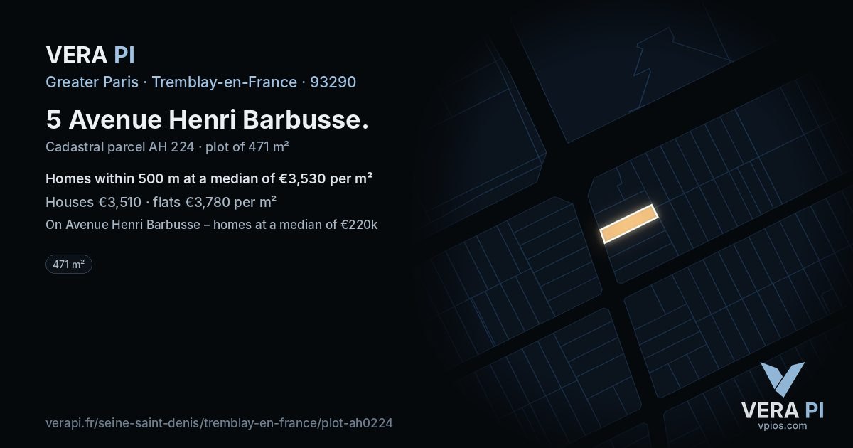 5 Avenue Henri Barbusse, Tremblay-en-France at night – the plot lit, the parcels around coloured by the prices near them