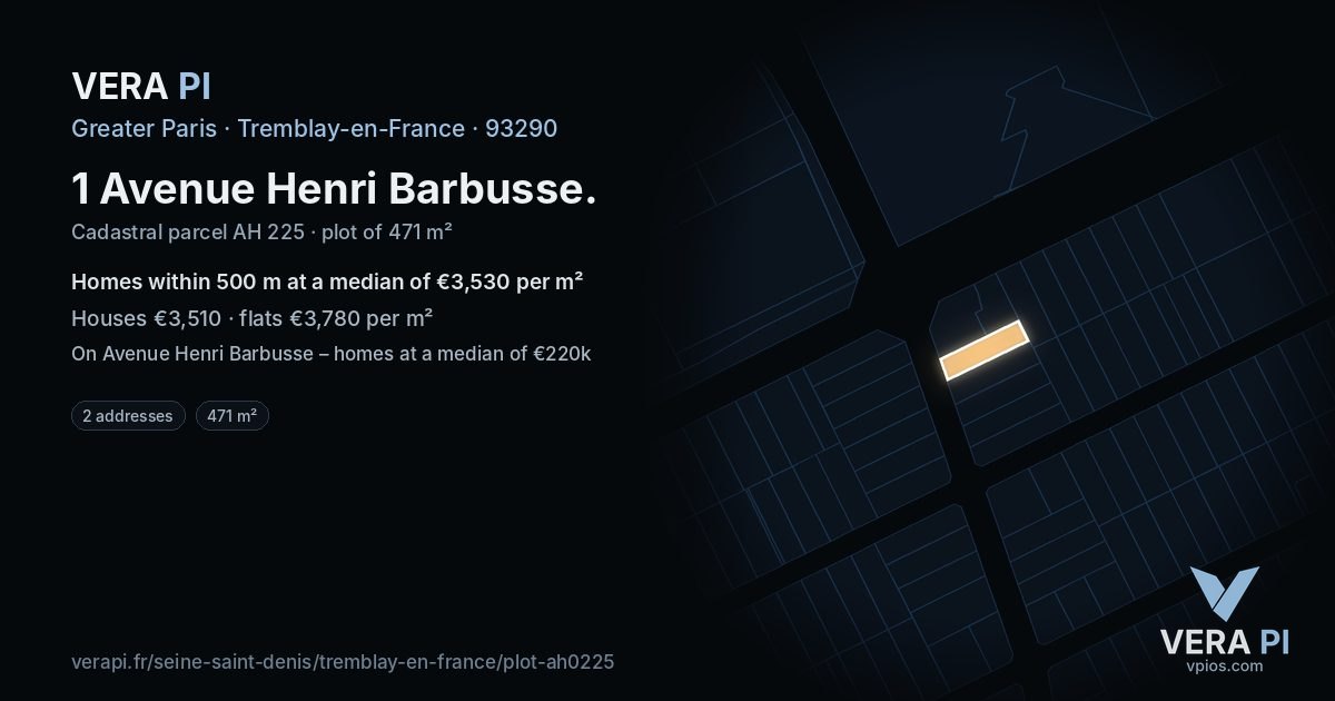 1 Avenue Henri Barbusse, Tremblay-en-France at night – the plot lit, the parcels around coloured by the prices near them