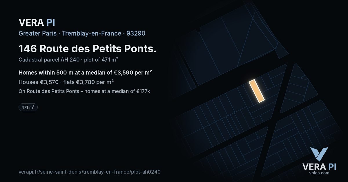 146 Route des Petits Ponts, Tremblay-en-France at night – the plot lit, the parcels around coloured by the prices near them