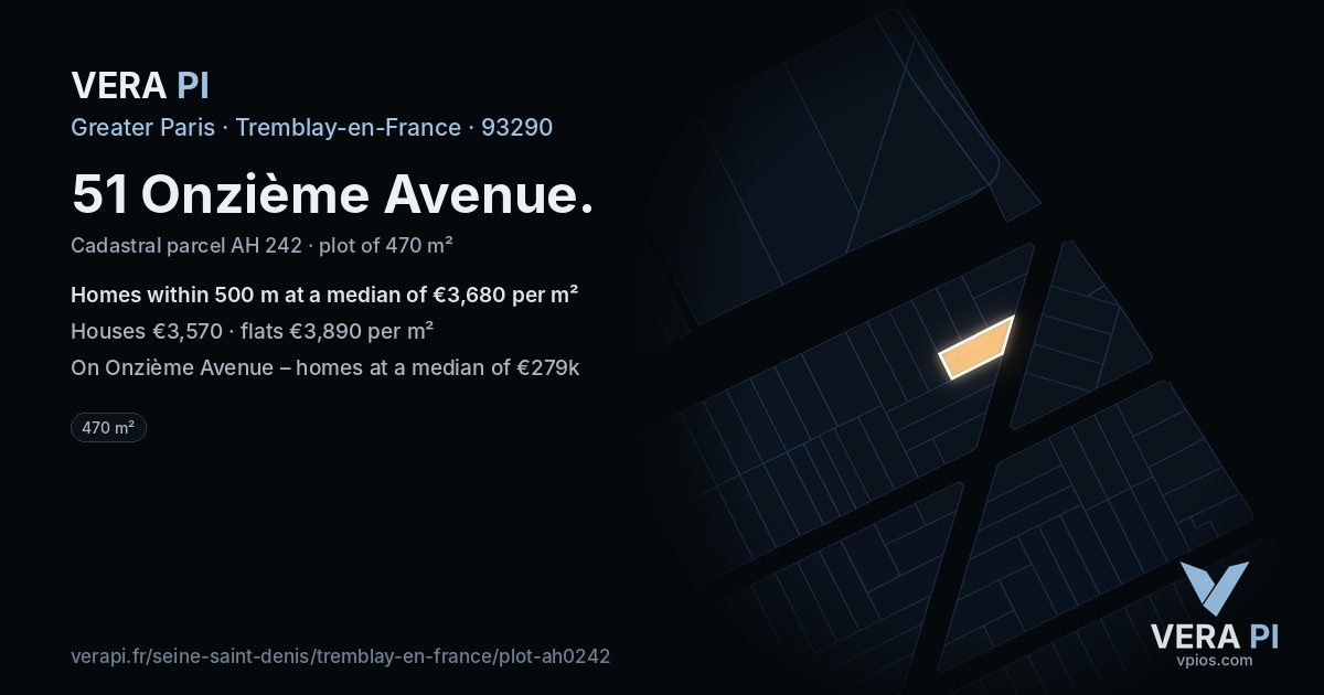 51 Onzième Avenue, Tremblay-en-France at night – the plot lit, the parcels around coloured by the prices near them