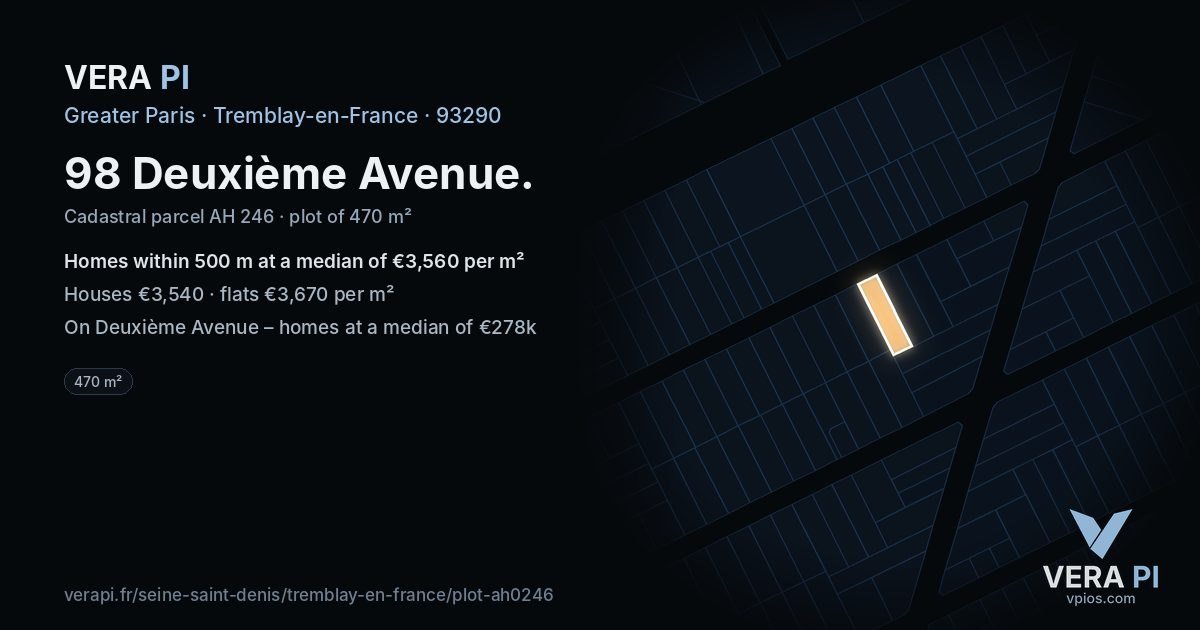 98 Deuxième Avenue, Tremblay-en-France at night – the plot lit, the parcels around coloured by the prices near them