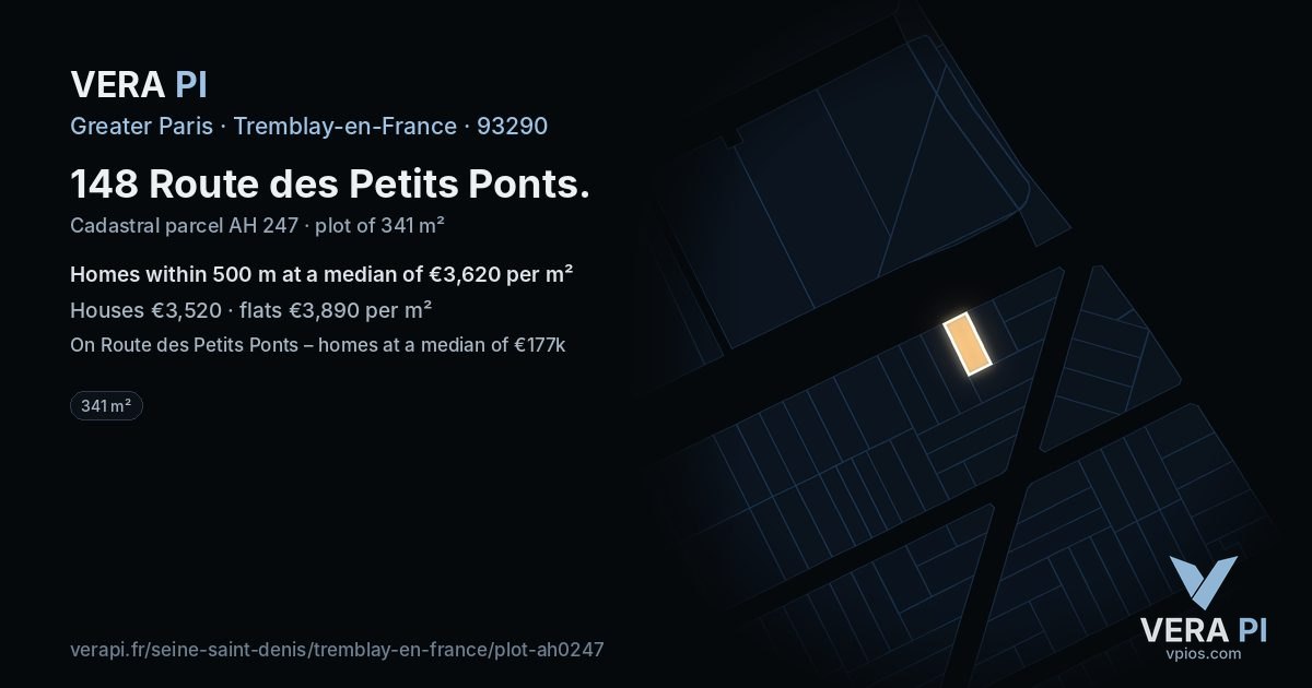 148 Route des Petits Ponts, Tremblay-en-France at night – the plot lit, the parcels around coloured by the prices near them