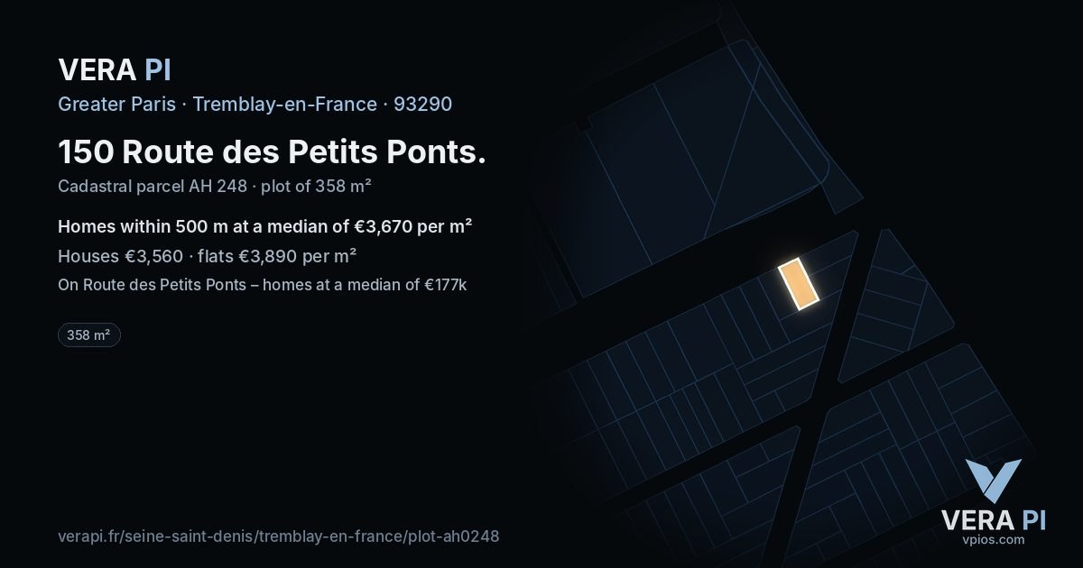 150 Route des Petits Ponts, Tremblay-en-France at night – the plot lit, the parcels around coloured by the prices near them