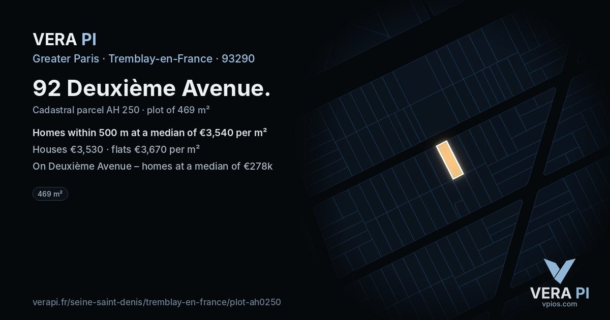 92 Deuxième Avenue, Tremblay-en-France at night – the plot lit, the parcels around coloured by the prices near them