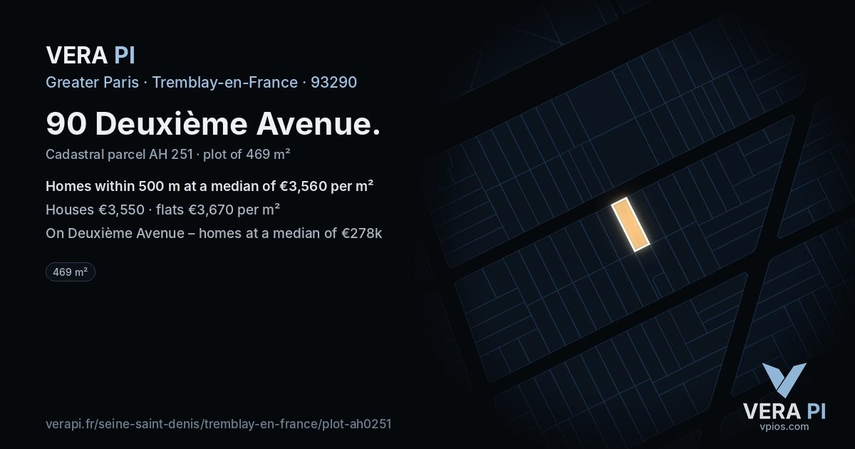 90 Deuxième Avenue, Tremblay-en-France at night – the plot lit, the parcels around coloured by the prices near them