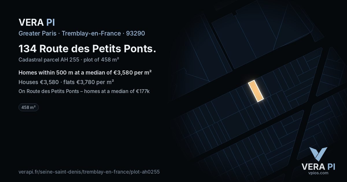134 Route des Petits Ponts, Tremblay-en-France at night – the plot lit, the parcels around coloured by the prices near them