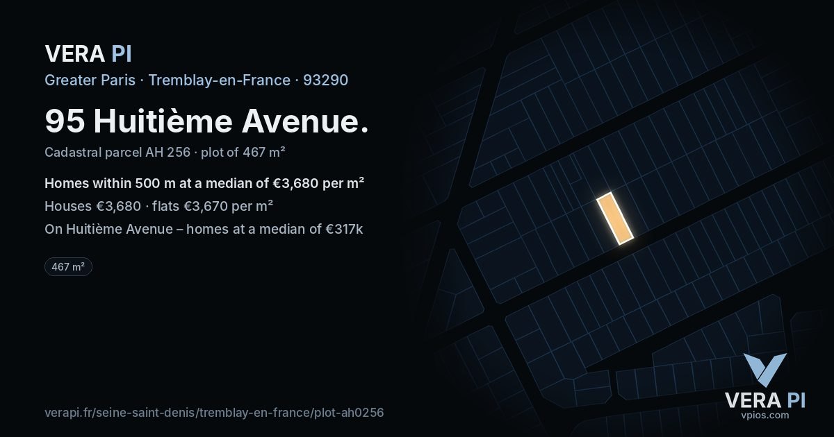 95 Huitième Avenue, Tremblay-en-France at night – the plot lit, the parcels around coloured by the prices near them
