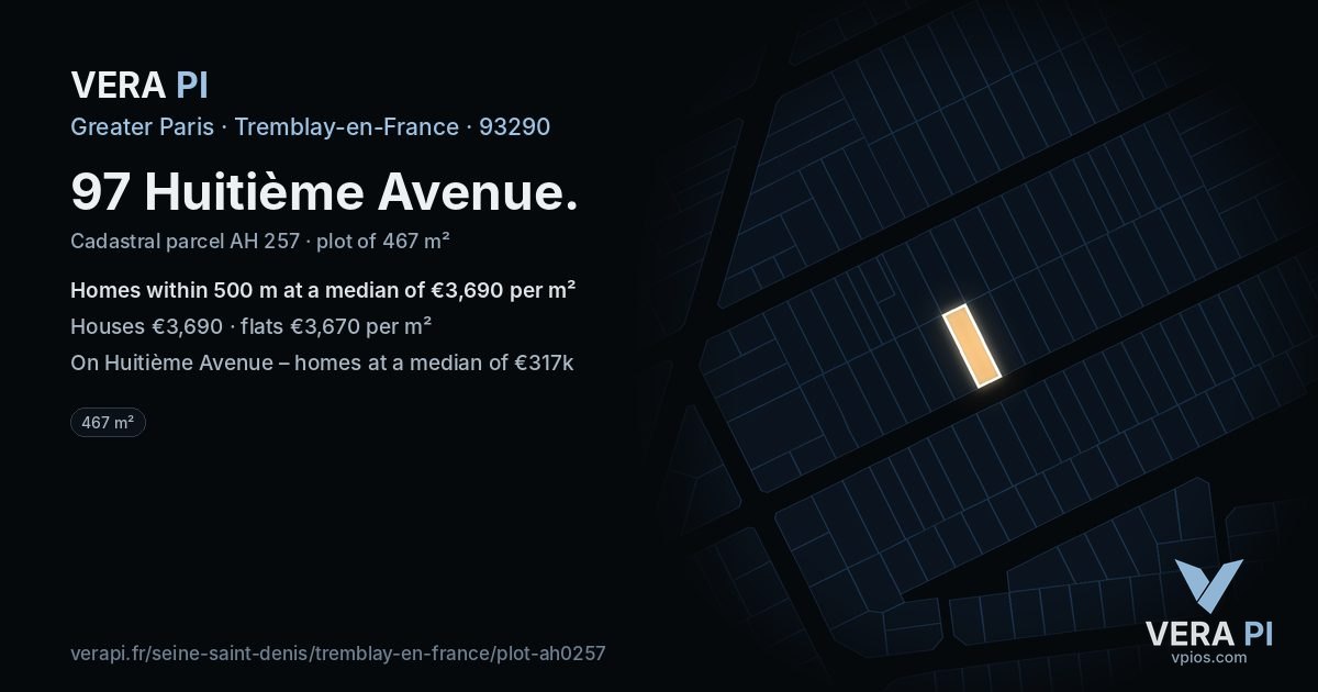 97 Huitième Avenue, Tremblay-en-France at night – the plot lit, the parcels around coloured by the prices near them