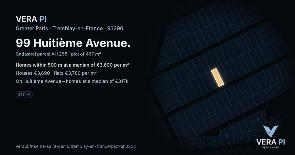 99 Huitième Avenue, Tremblay-en-France at night – the plot lit, the parcels around coloured by the prices near them