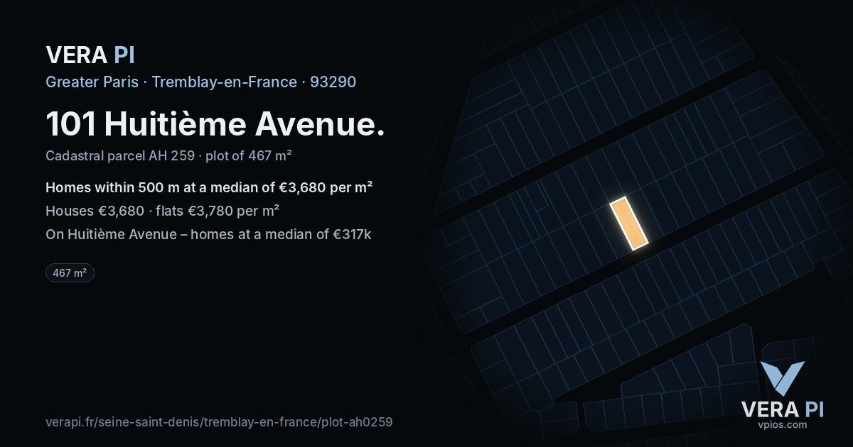 101 Huitième Avenue, Tremblay-en-France at night – the plot lit, the parcels around coloured by the prices near them