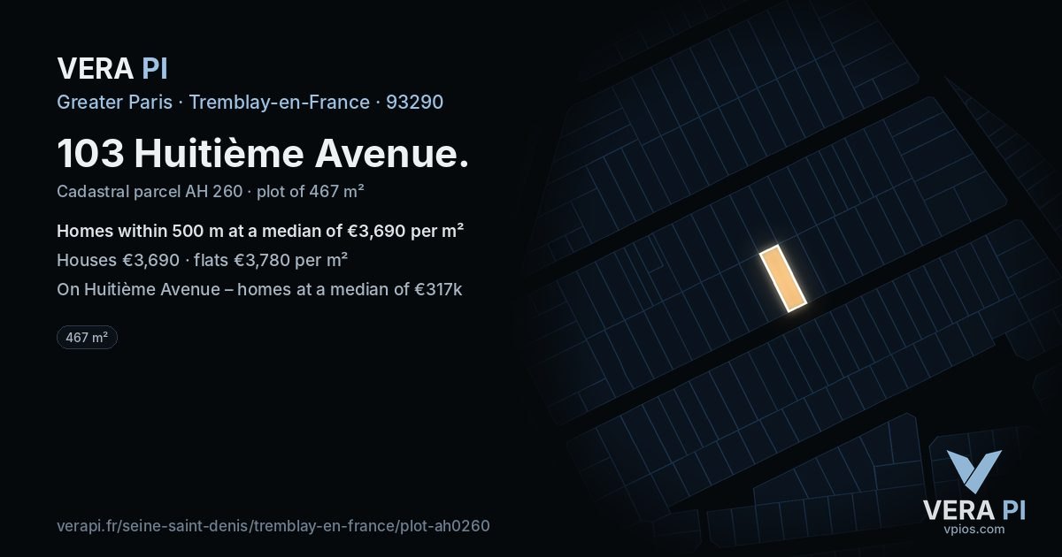 103 Huitième Avenue, Tremblay-en-France at night – the plot lit, the parcels around coloured by the prices near them