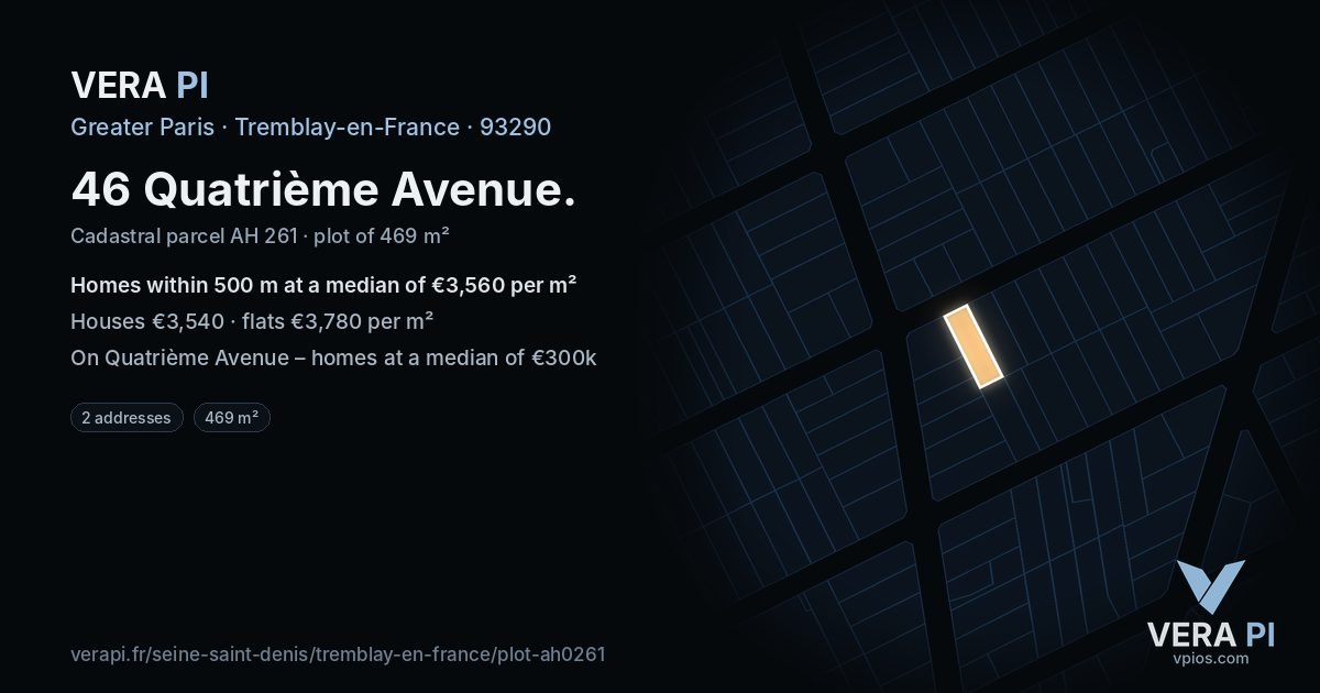 46 Quatrième Avenue, Tremblay-en-France at night – the plot lit, the parcels around coloured by the prices near them