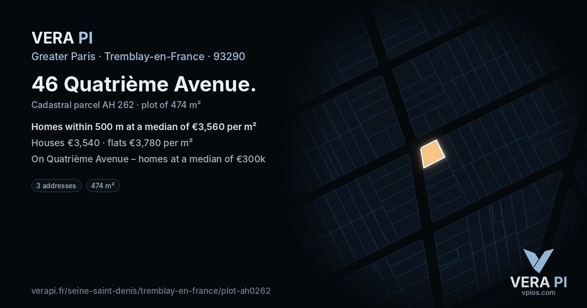 46 Quatrième Avenue, Tremblay-en-France at night – the plot lit, the parcels around coloured by the prices near them