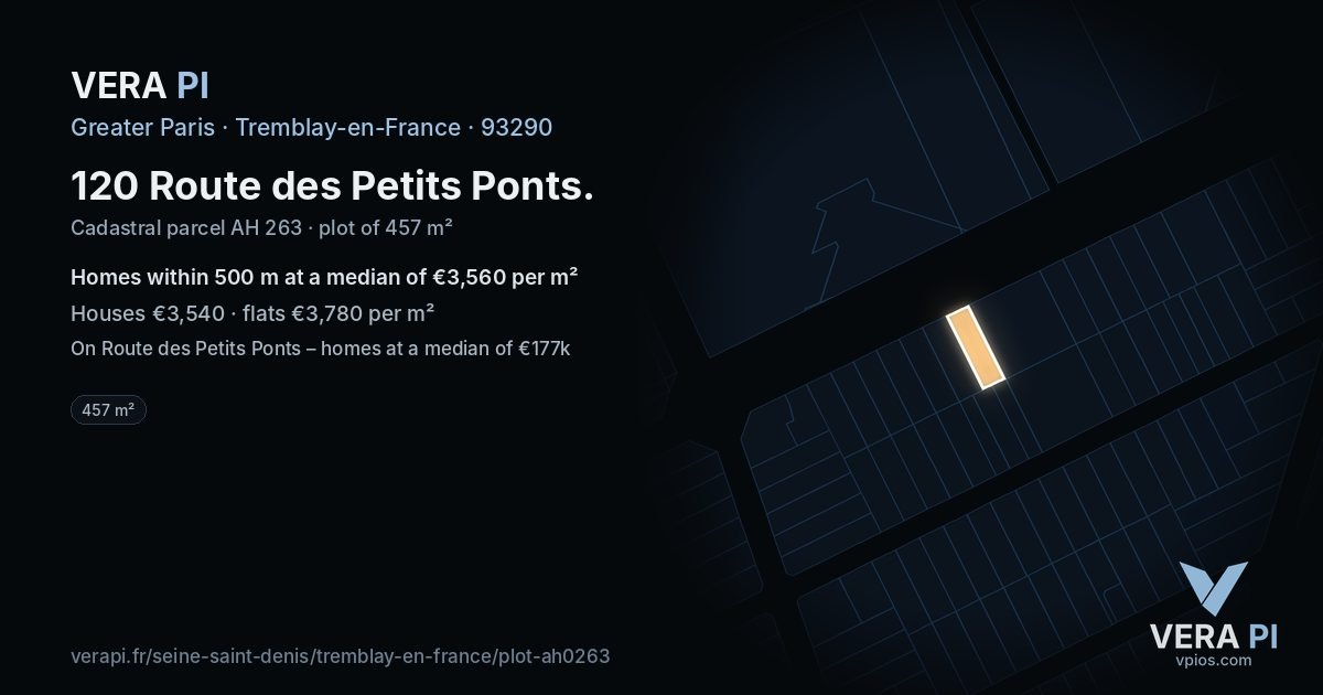 120 Route des Petits Ponts, Tremblay-en-France at night – the plot lit, the parcels around coloured by the prices near them