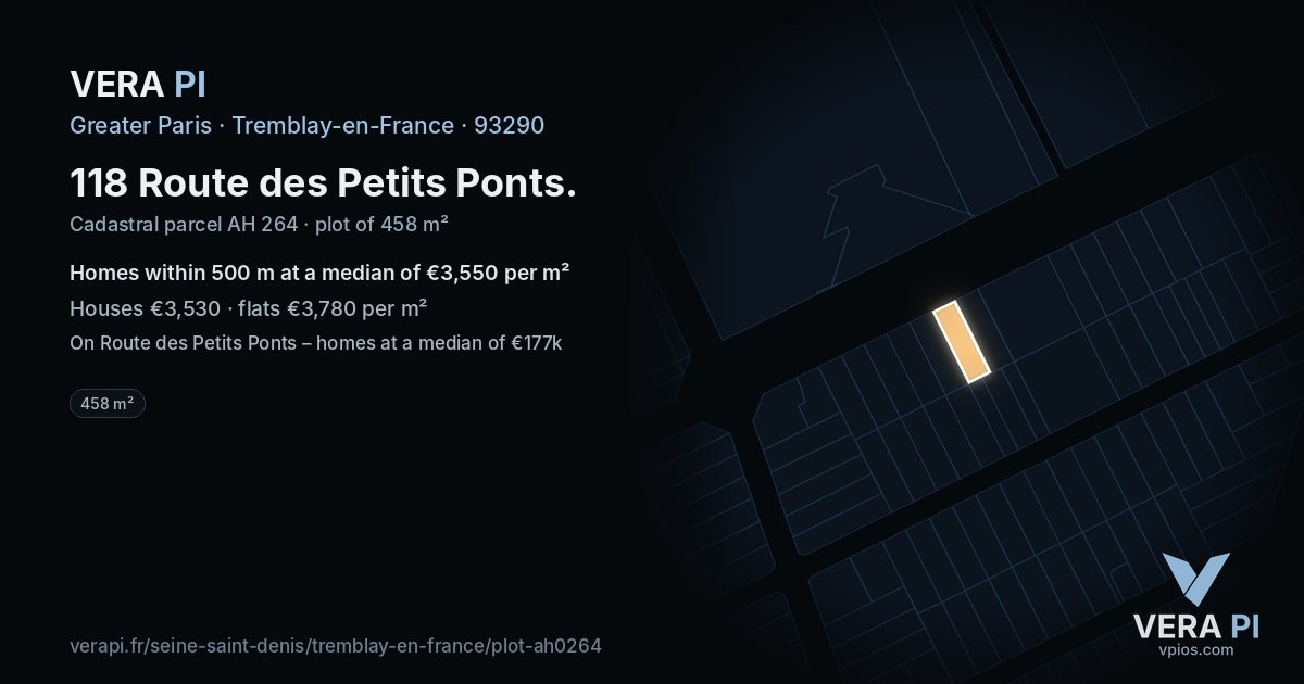 118 Route des Petits Ponts, Tremblay-en-France at night – the plot lit, the parcels around coloured by the prices near them