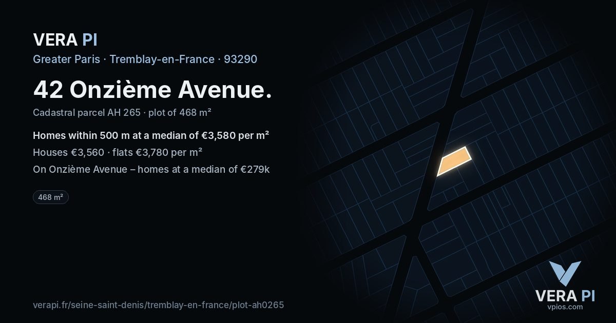 42 Onzième Avenue, Tremblay-en-France at night – the plot lit, the parcels around coloured by the prices near them