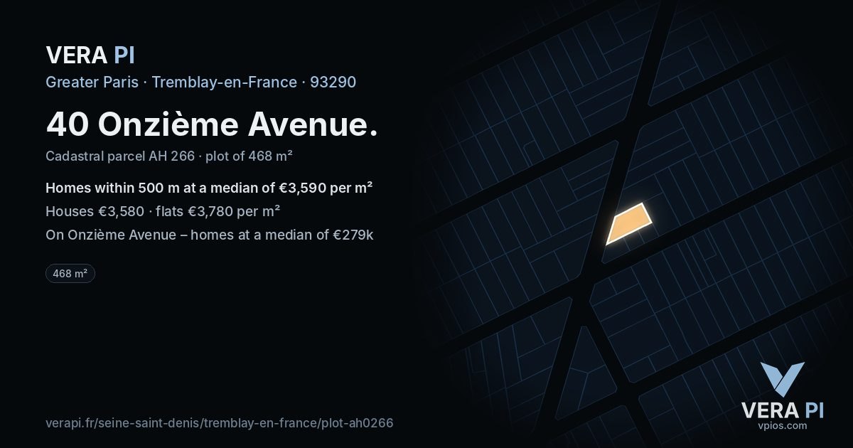 40 Onzième Avenue, Tremblay-en-France at night – the plot lit, the parcels around coloured by the prices near them