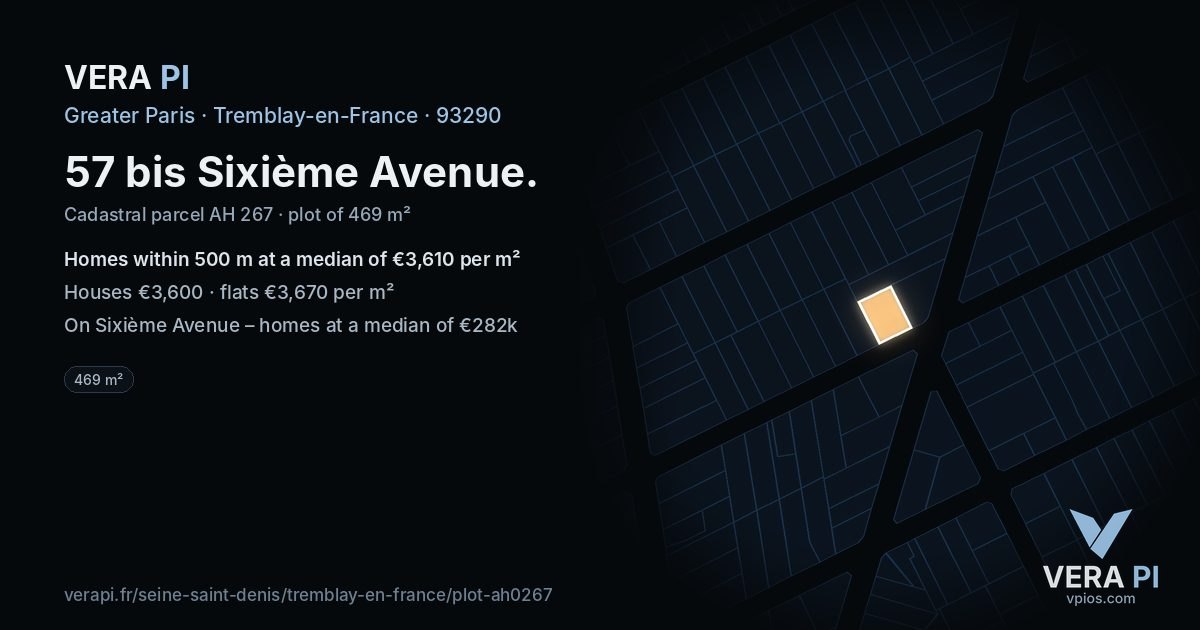 57 bis Sixième Avenue, Tremblay-en-France at night – the plot lit, the parcels around coloured by the prices near them