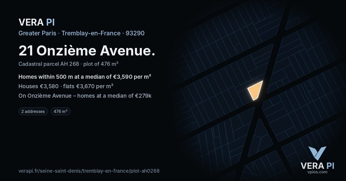 21 Onzième Avenue, Tremblay-en-France at night – the plot lit, the parcels around coloured by the prices near them