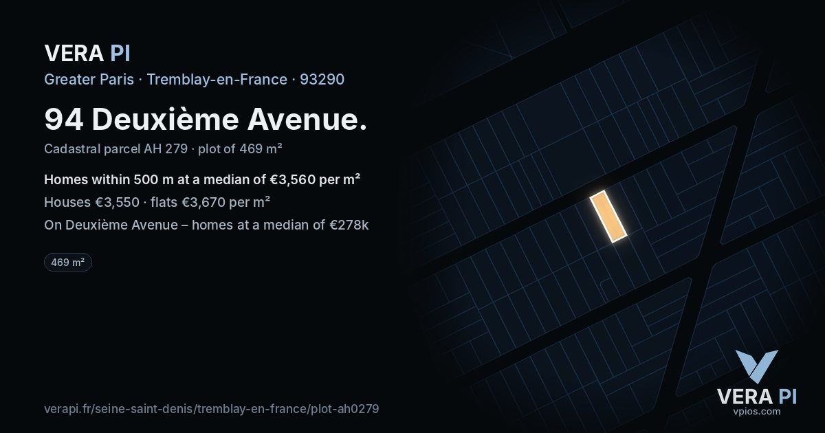 94 Deuxième Avenue, Tremblay-en-France at night – the plot lit, the parcels around coloured by the prices near them