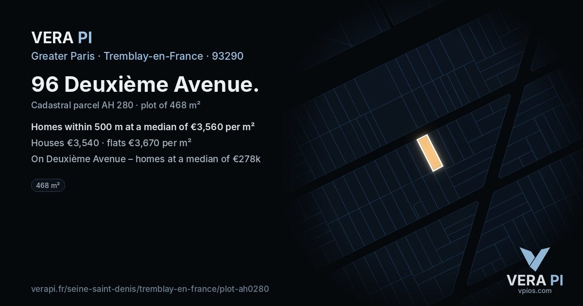 96 Deuxième Avenue, Tremblay-en-France at night – the plot lit, the parcels around coloured by the prices near them