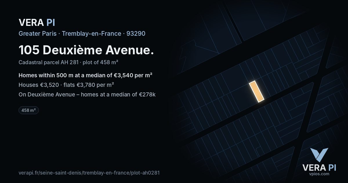 105 Deuxième Avenue, Tremblay-en-France at night – the plot lit, the parcels around coloured by the prices near them