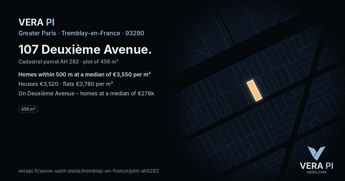 107 Deuxième Avenue, Tremblay-en-France at night – the plot lit, the parcels around coloured by the prices near them