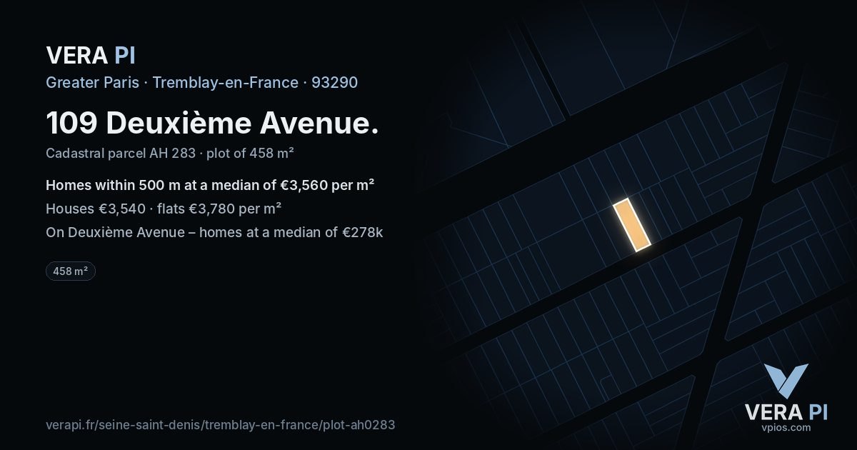 109 Deuxième Avenue, Tremblay-en-France at night – the plot lit, the parcels around coloured by the prices near them