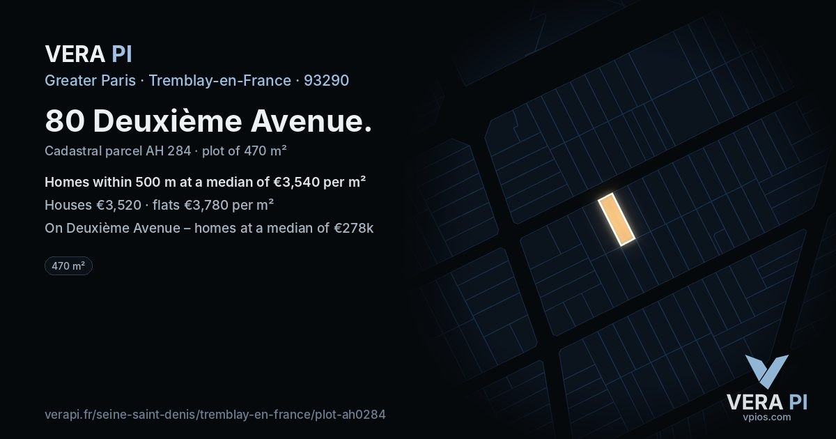 80 Deuxième Avenue, Tremblay-en-France at night – the plot lit, the parcels around coloured by the prices near them