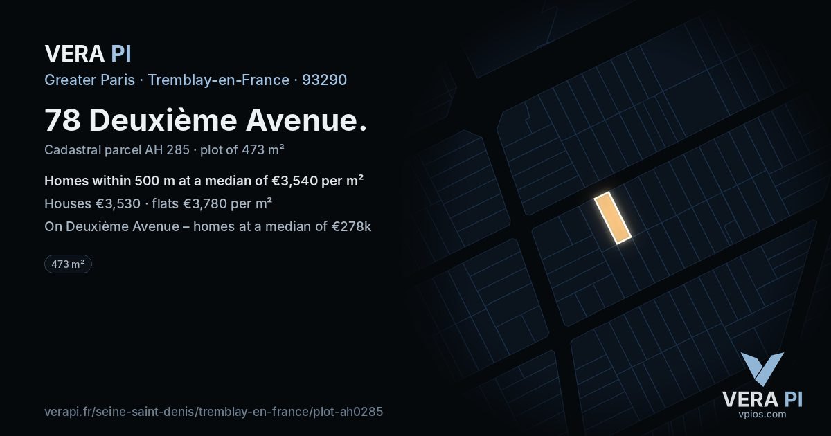 78 Deuxième Avenue, Tremblay-en-France at night – the plot lit, the parcels around coloured by the prices near them