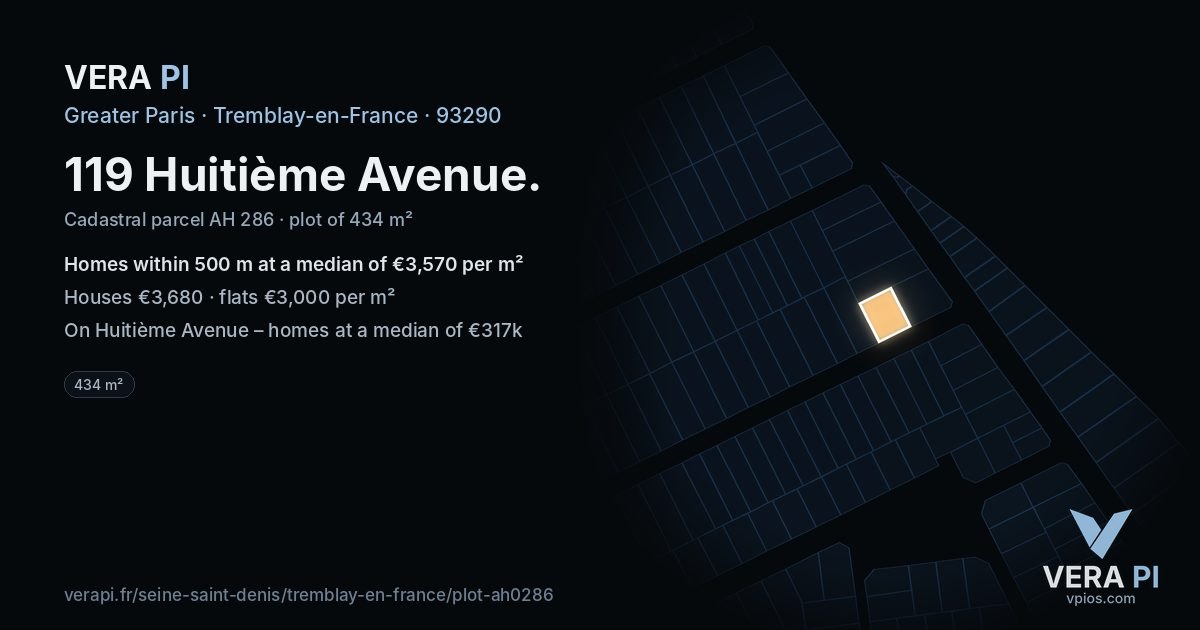 119 Huitième Avenue, Tremblay-en-France at night – the plot lit, the parcels around coloured by the prices near them