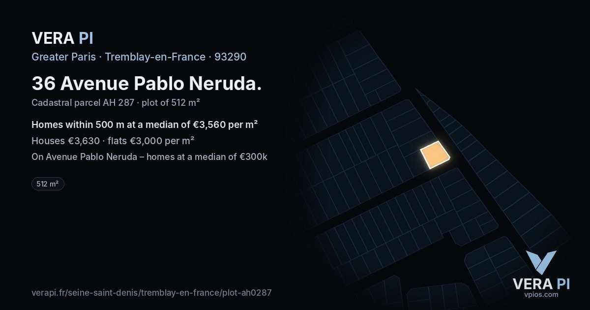 36 Avenue Pablo Neruda, Tremblay-en-France at night – the plot lit, the parcels around coloured by the prices near them