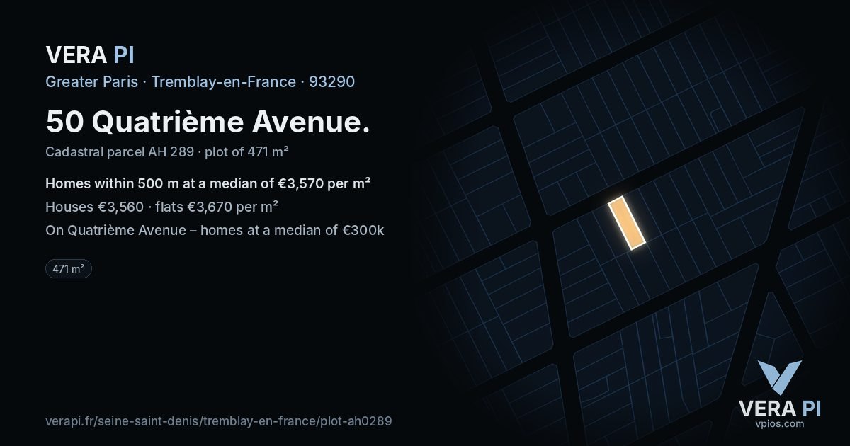 50 Quatrième Avenue, Tremblay-en-France at night – the plot lit, the parcels around coloured by the prices near them