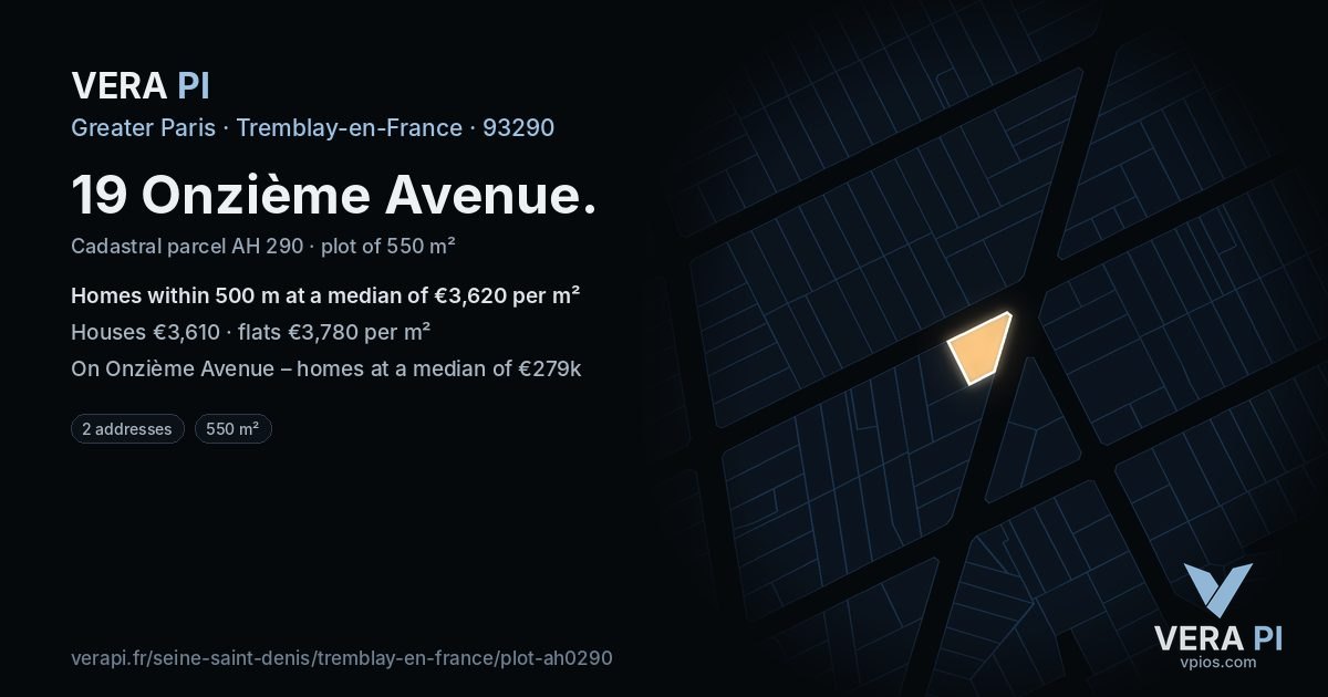 19 Onzième Avenue, Tremblay-en-France at night – the plot lit, the parcels around coloured by the prices near them
