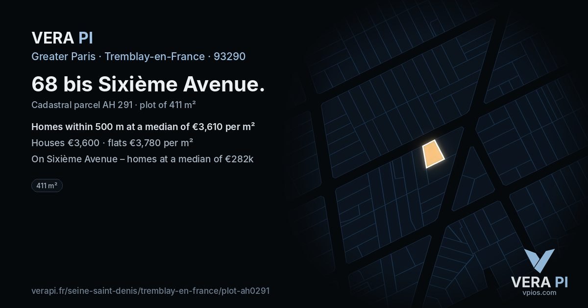 68 bis Sixième Avenue, Tremblay-en-France at night – the plot lit, the parcels around coloured by the prices near them