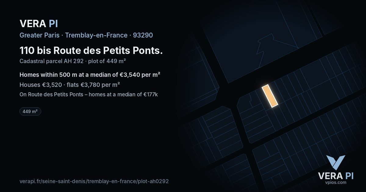 110 bis Route des Petits Ponts, Tremblay-en-France at night – the plot lit, the parcels around coloured by the prices near them