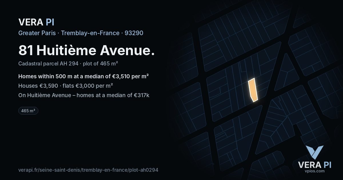 81 Huitième Avenue, Tremblay-en-France at night – the plot lit, the parcels around coloured by the prices near them